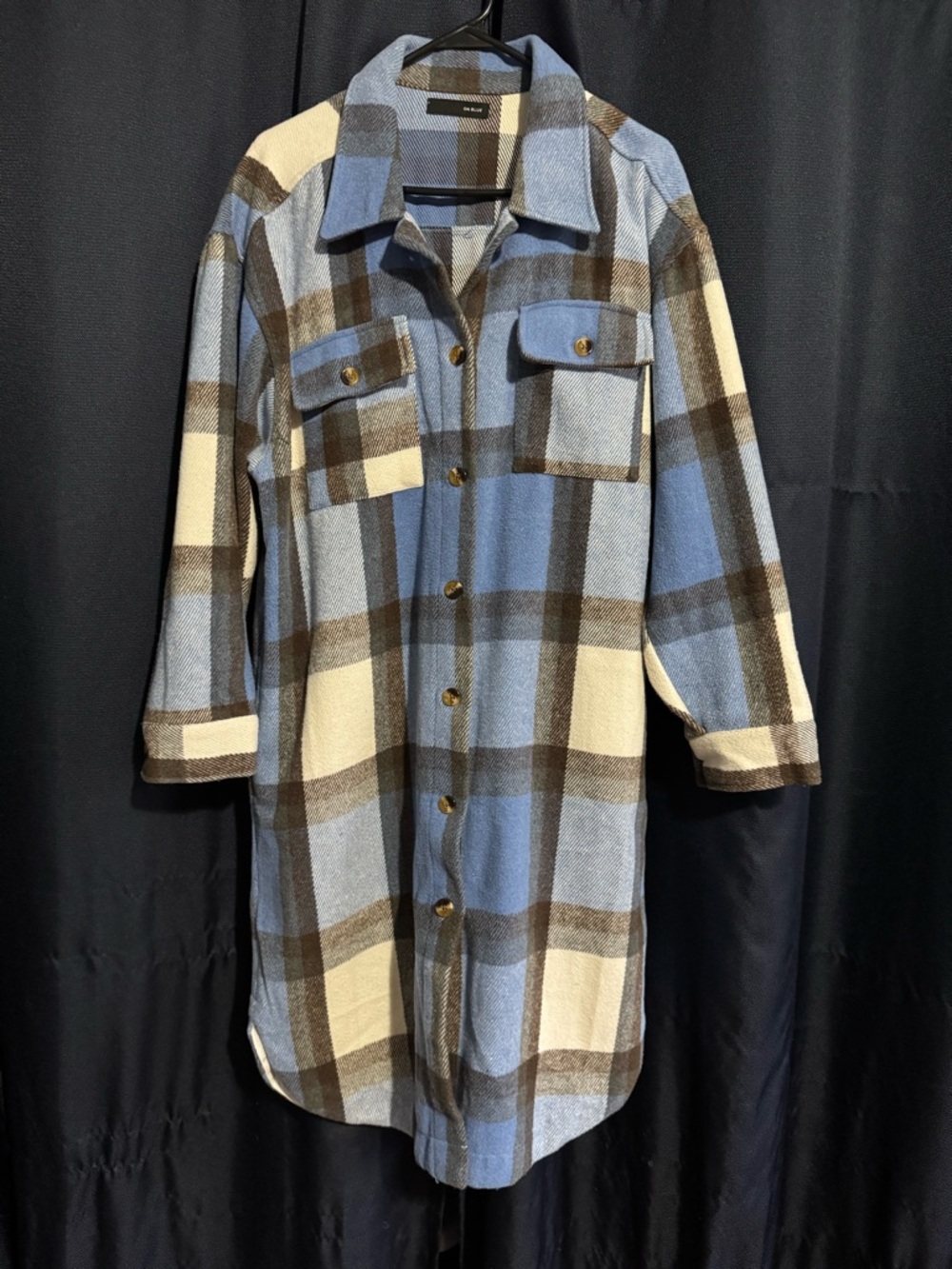 Plaid Button-Front Shacket Coat in Blue and Cream